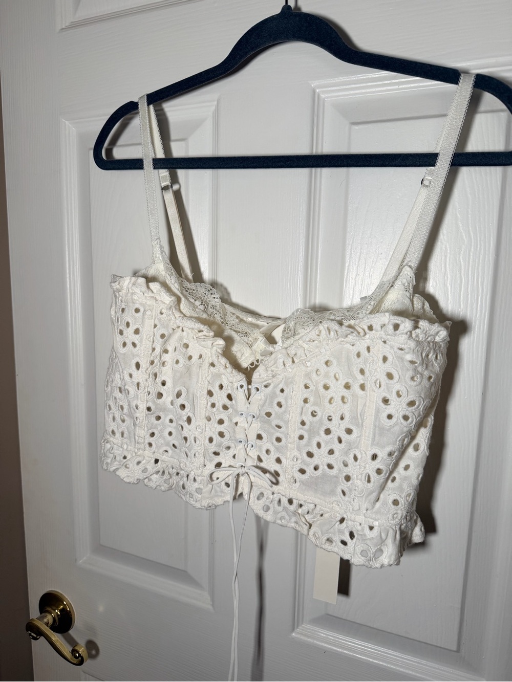Women’s Cream Eyelet Lace-Up Crop Top